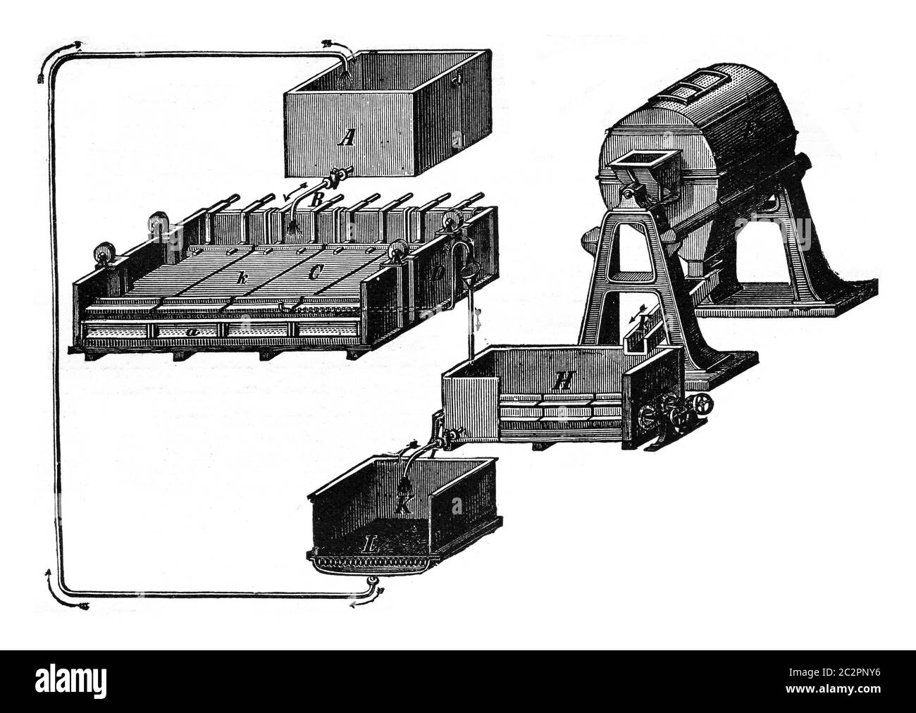 Siemens-Halske equipment for extraction of copper from its ores by electrolysis, vintage engraved illustration. Industrial encyclopedia E.-O. Lami - 1 Stock Photo