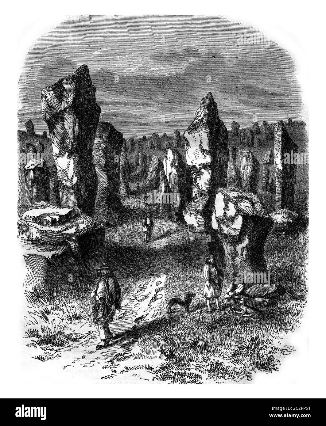 View taken in the field Carnac, Morbihan department, vintage engraved illustration. Magasin Pittoresque 1847. Stock Photo
