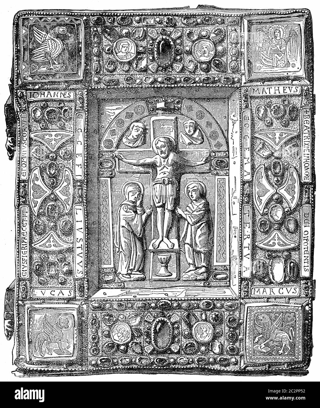 Binding gold, adorned with precious stones, a Gospel Book of the eleventh century, Louvre, vintage engraved illustration. Industrial encyclopedia E.-O Stock Photo
