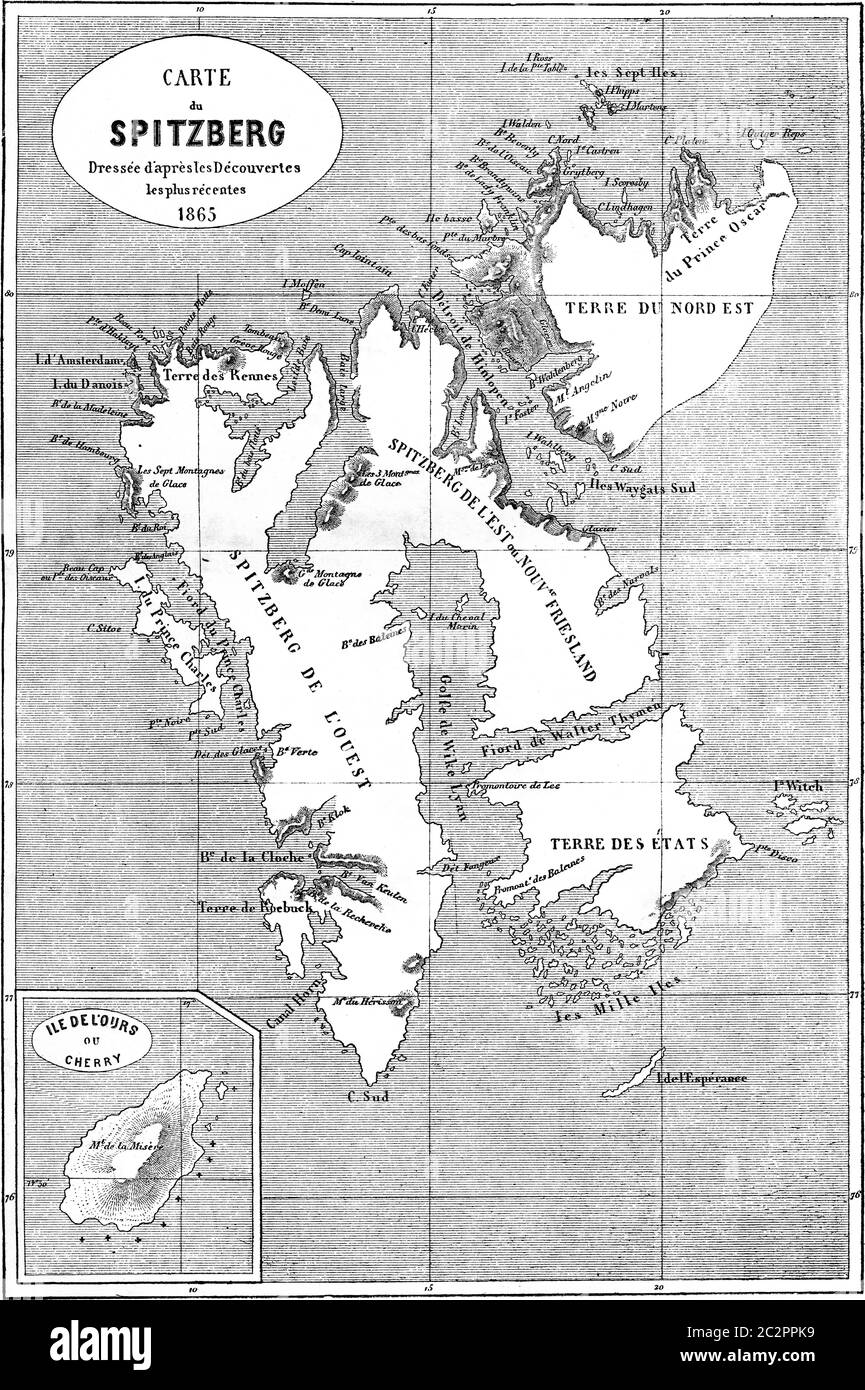Map of spitsbergen Black and White - Map Of Spitsbergen Vintage Engraved Illustration Le Tour Du Monde Travel Journal 1865 2C2PPK9 