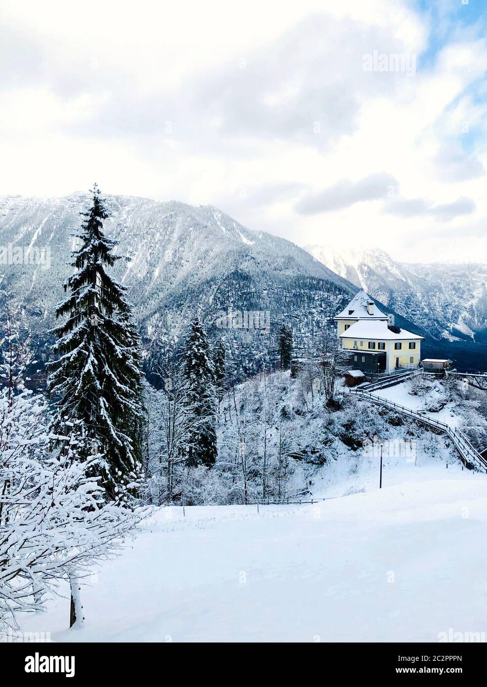 Hallstatt trekking Winter snowing in the mountain landscape and the pine forest vertical in upland valley Hallstatt, Austria Stock Photo