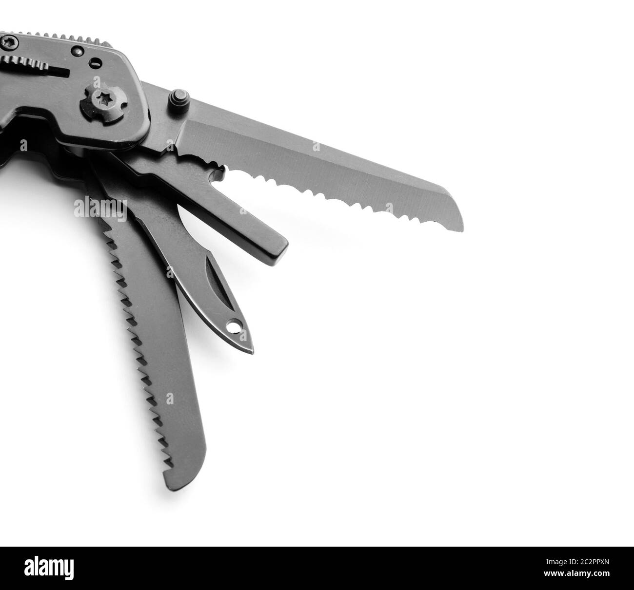 Black opened multitool knife isolated on white Stock Photo
