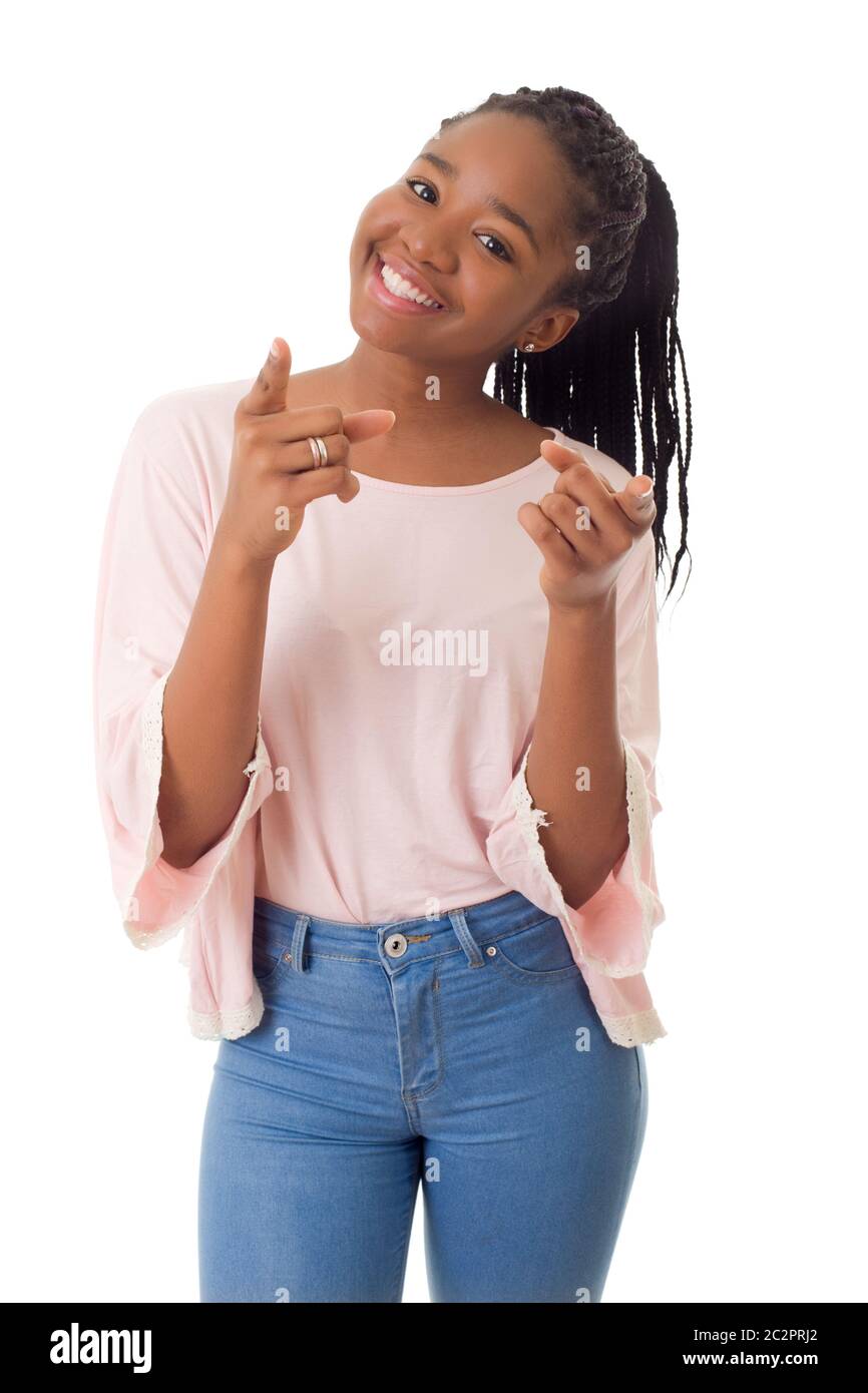 Happy african girl pointing, isolated on white background Stock Photo ...