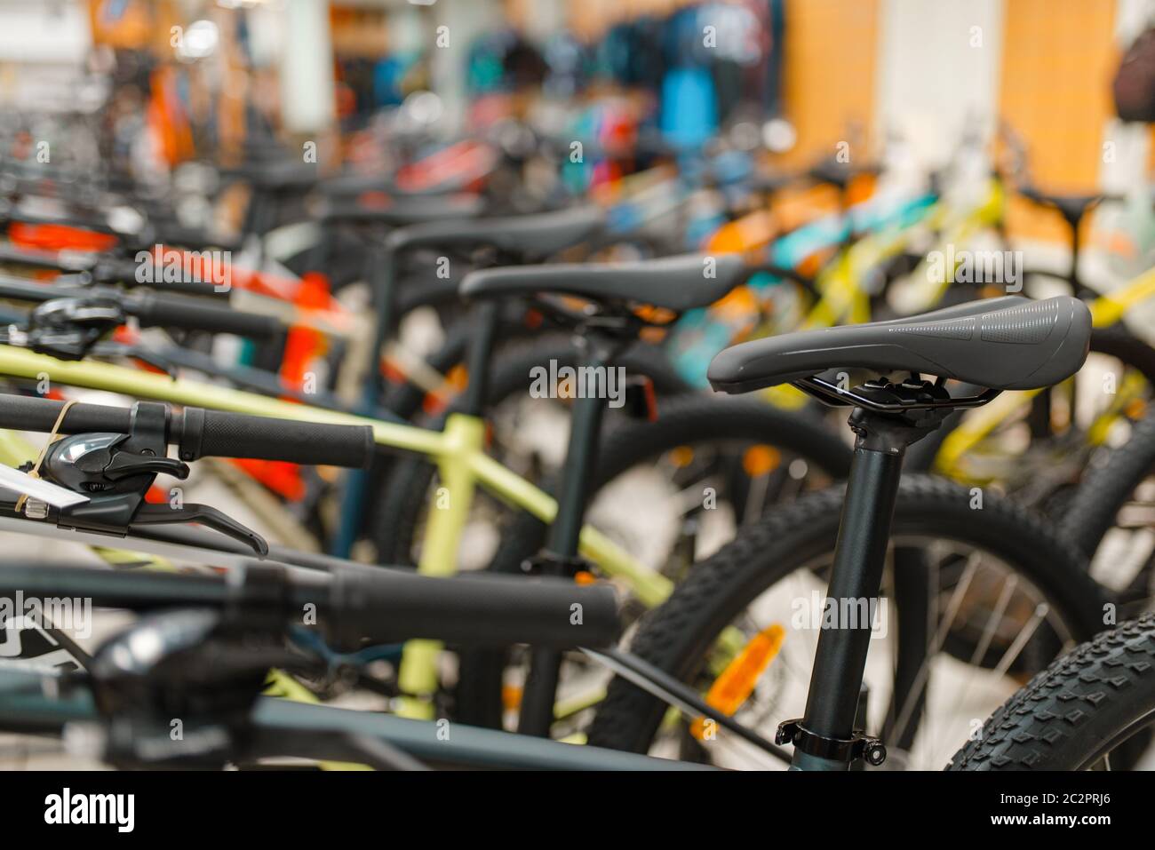 Rows of mountain bicycles in sports shop, focus on seat, nobody
