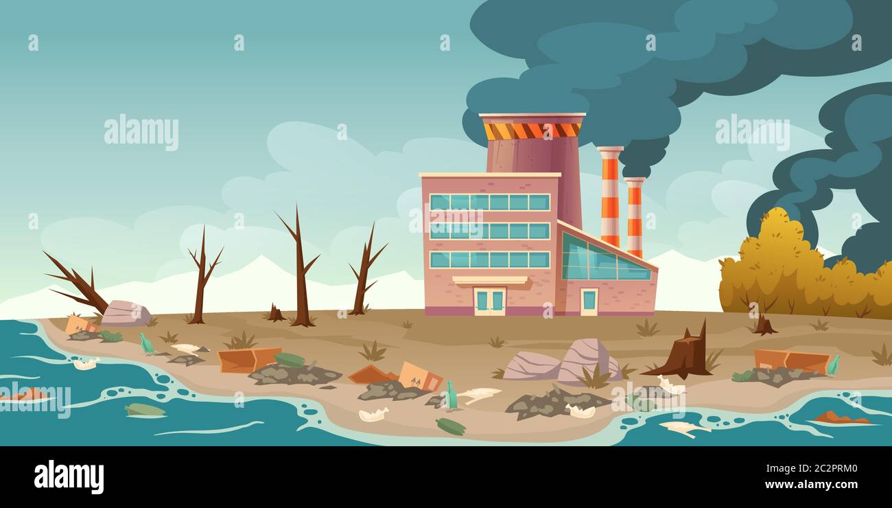 Ecology pollution, factory pipes emitting smoke and make dirty air, rubbish floating in polluted ocean, lie on sea beach. Forest cutting, deforestation ecological problem, Cartoon vector illustration Stock Vector