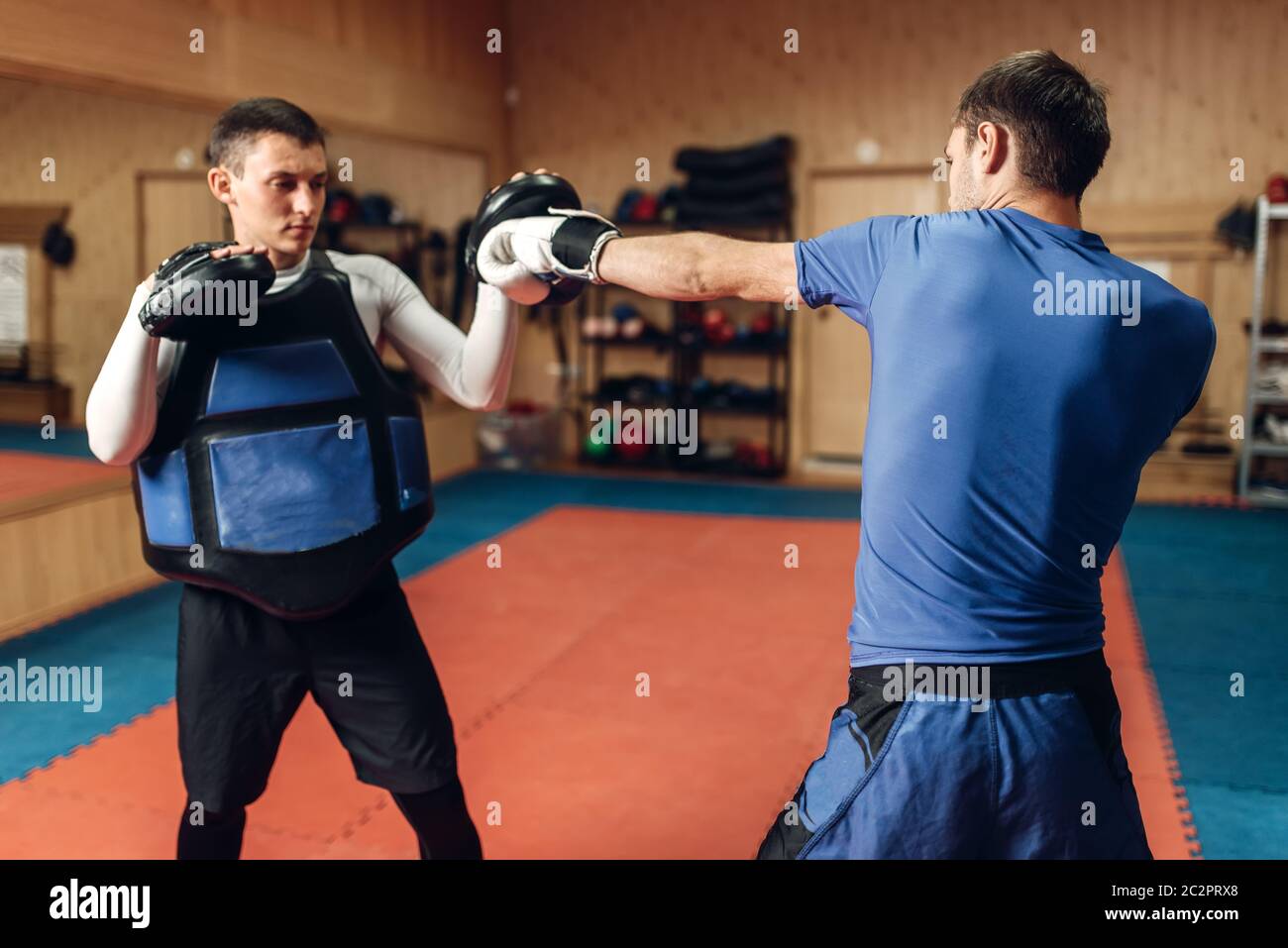 Male kickboxer in gloves practicing hand punch with a personal trainer in pads, workout in gym