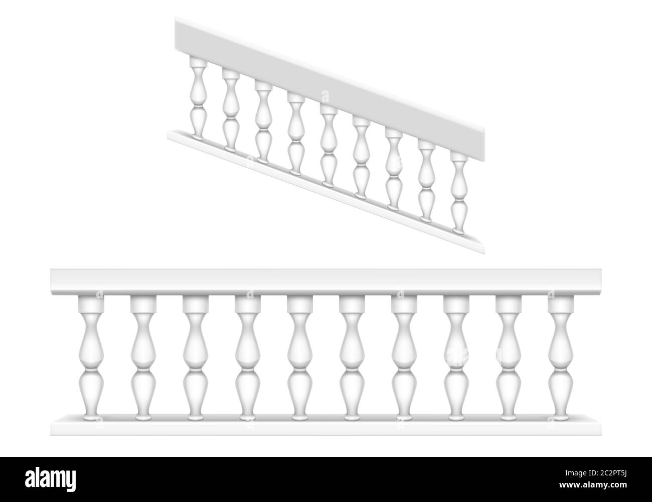 White marble balustrade for balcony, porch or garden and handrail for staircase in classic roman style. Vector realistic set of baroque stone railing, banister with pillars, antique fence with columns Stock Vector