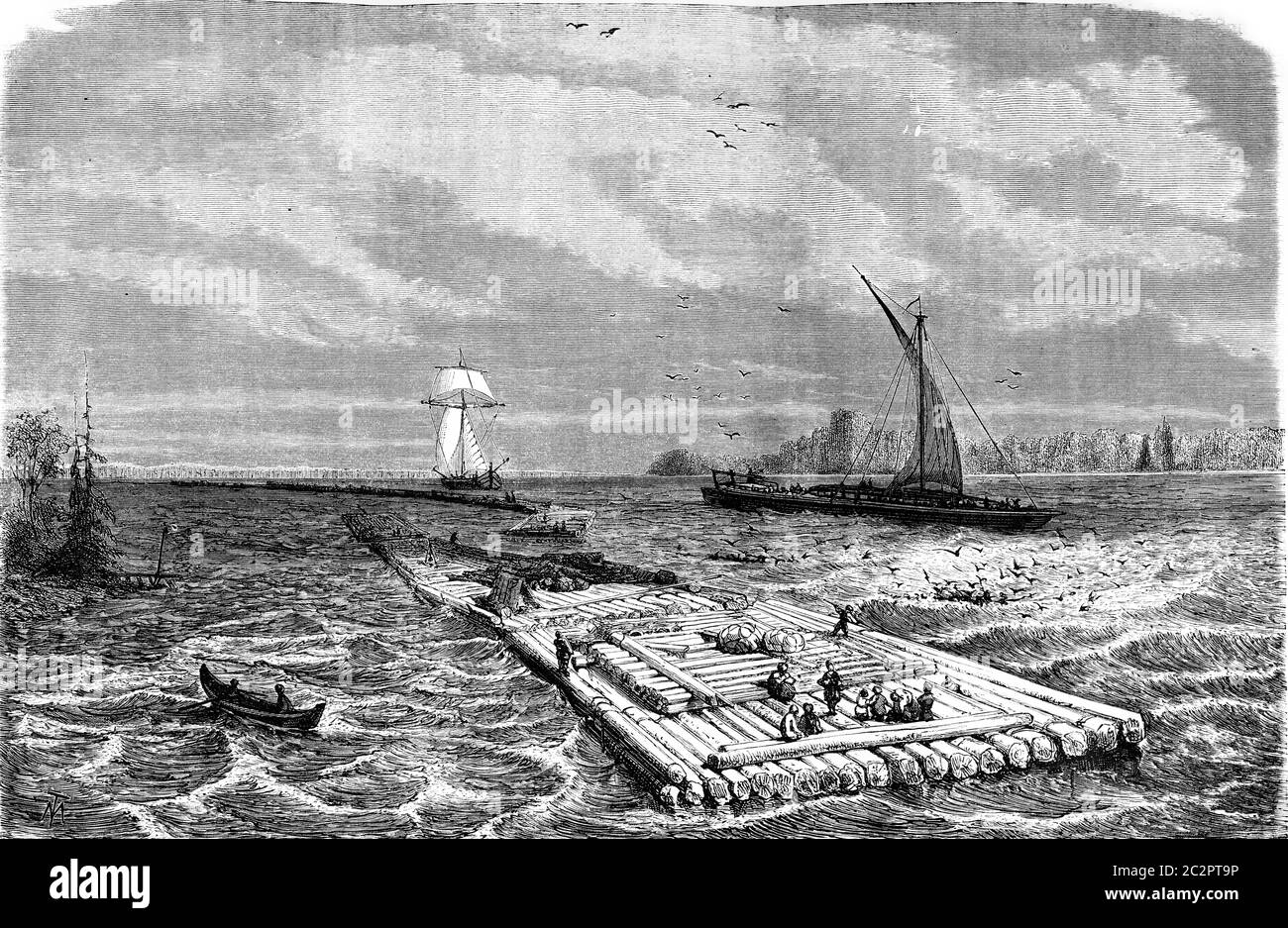 Praam and rafts on the Dvina, vintage engraved illustration. Le Tour du Monde, Travel Journal, (1872). Stock Photo