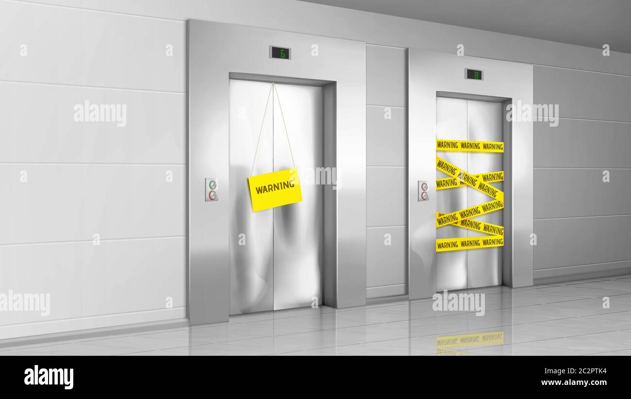 Out of order elevator with closed broken door, yellow warning stripes and banner in office or house hallway. Vector realistic illustration of modern lobby with not working lift Stock Vector