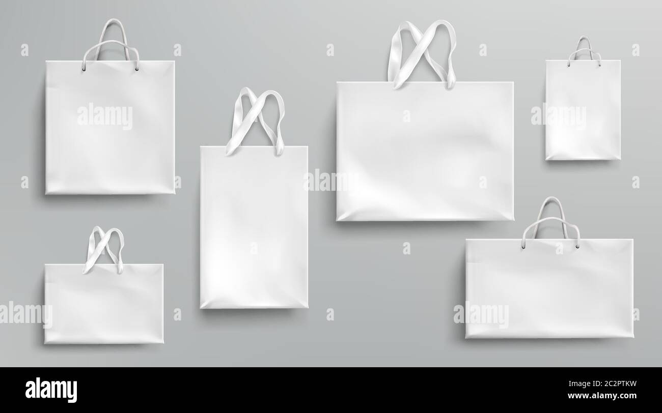 Download Paper Shopping Bags Mockup White Packages With Rope And Lace Handles Blank Rectangular Ecological Gift Packs Isolated Mock Up For Branding And Corporate Identity Design Realistic 3d Vector Set Stock Vector Image