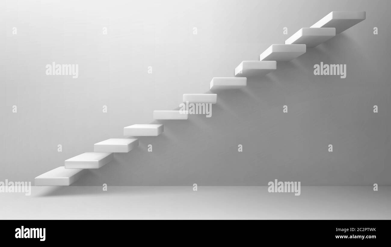 3d stairs, white staircase on blank wall background. Way to business success, career ladder, architecture construction for building interior or exterior decoration. Realistic vector illustration Stock Vector