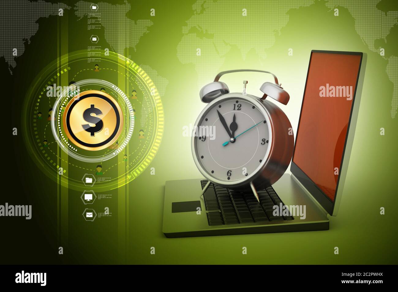 Laptop with alarm clock Stock Photo Alamy