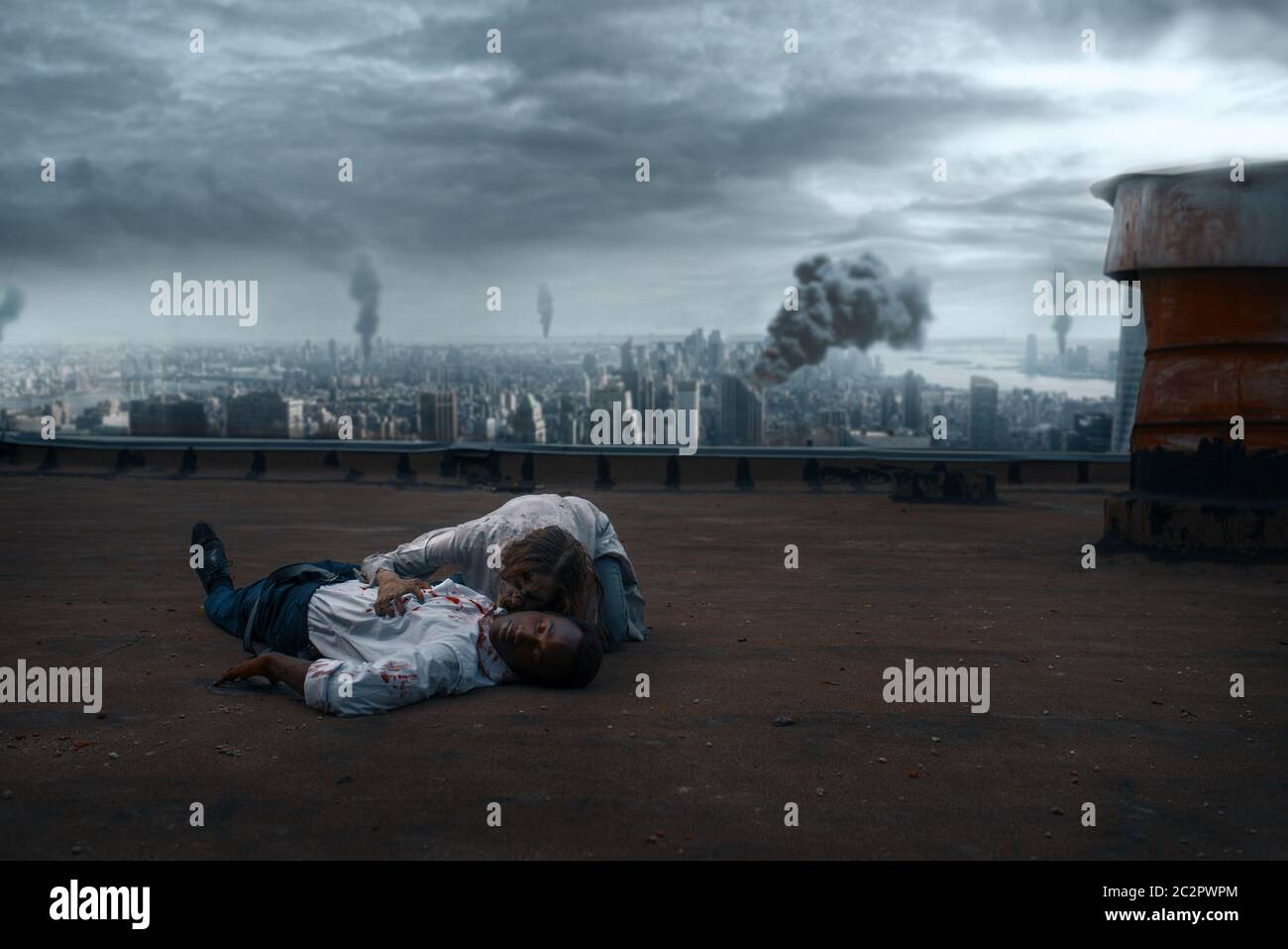 Zombie couple on the roof of abandoned building, deadly chase. Horror in city, creepy crawlies attack, apocalypse Stock Photo