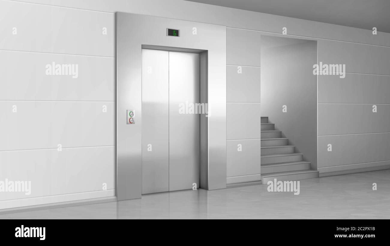 Lift door and stairs in lobby. Elevator with closed metal gates, buttons and stage number panel. Building hall empty interior, realistic 3d vector transportation and ladder in house, office or hotel Stock Vector