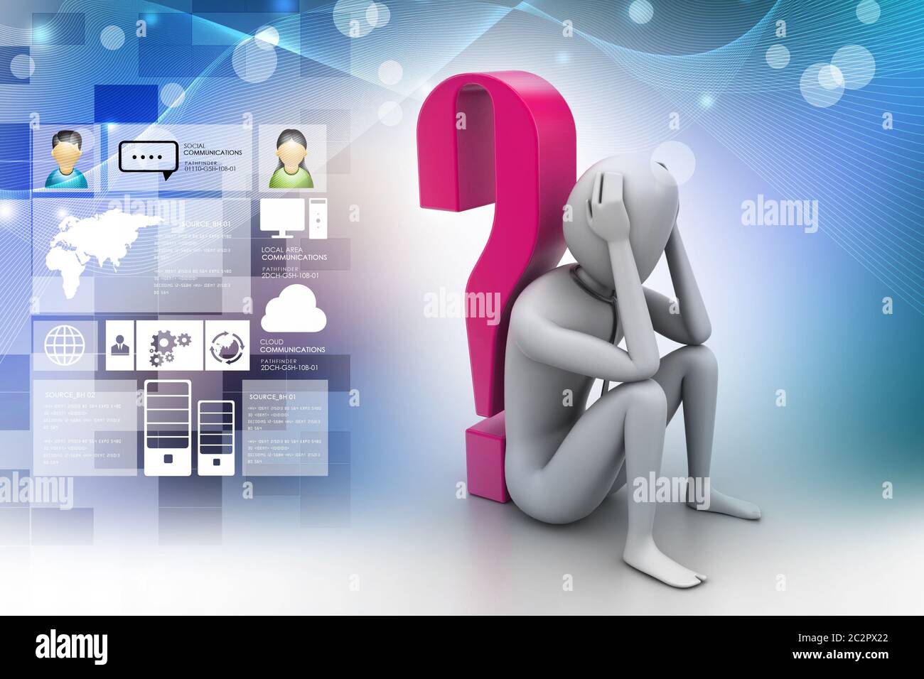 3d man sitting near the question mark Stock Photo - Alamy