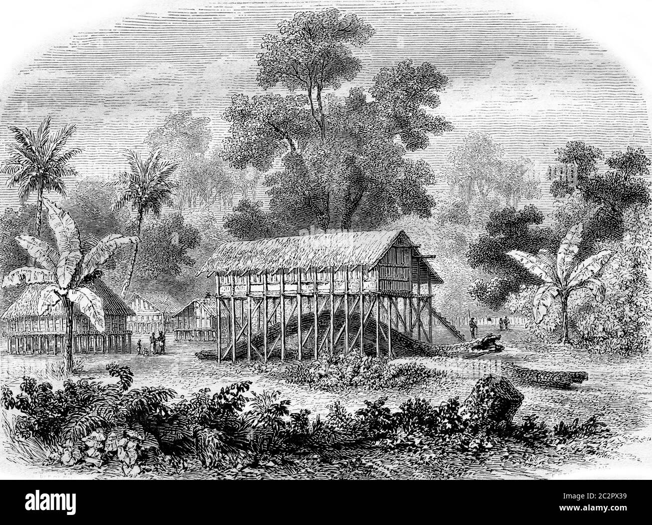 Papuan village on stilts, in New Guinea, vintage engraved illustration. Magasin Pittoresque 1855. Stock Photo