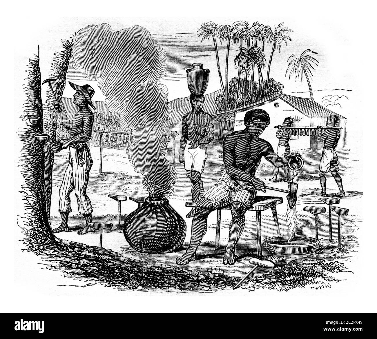 Manufacture of rubber footwear, in Para, Brazil, vintage engraved illustration. Magasin Pittoresque 1855. Stock Photo