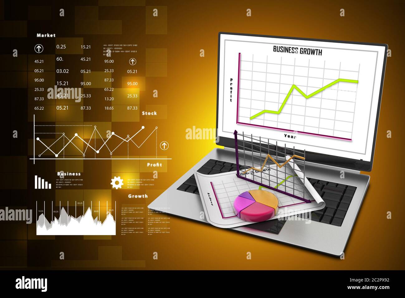 Laptop showing a spreadsheet and a paper with statistic charts Stock Photo