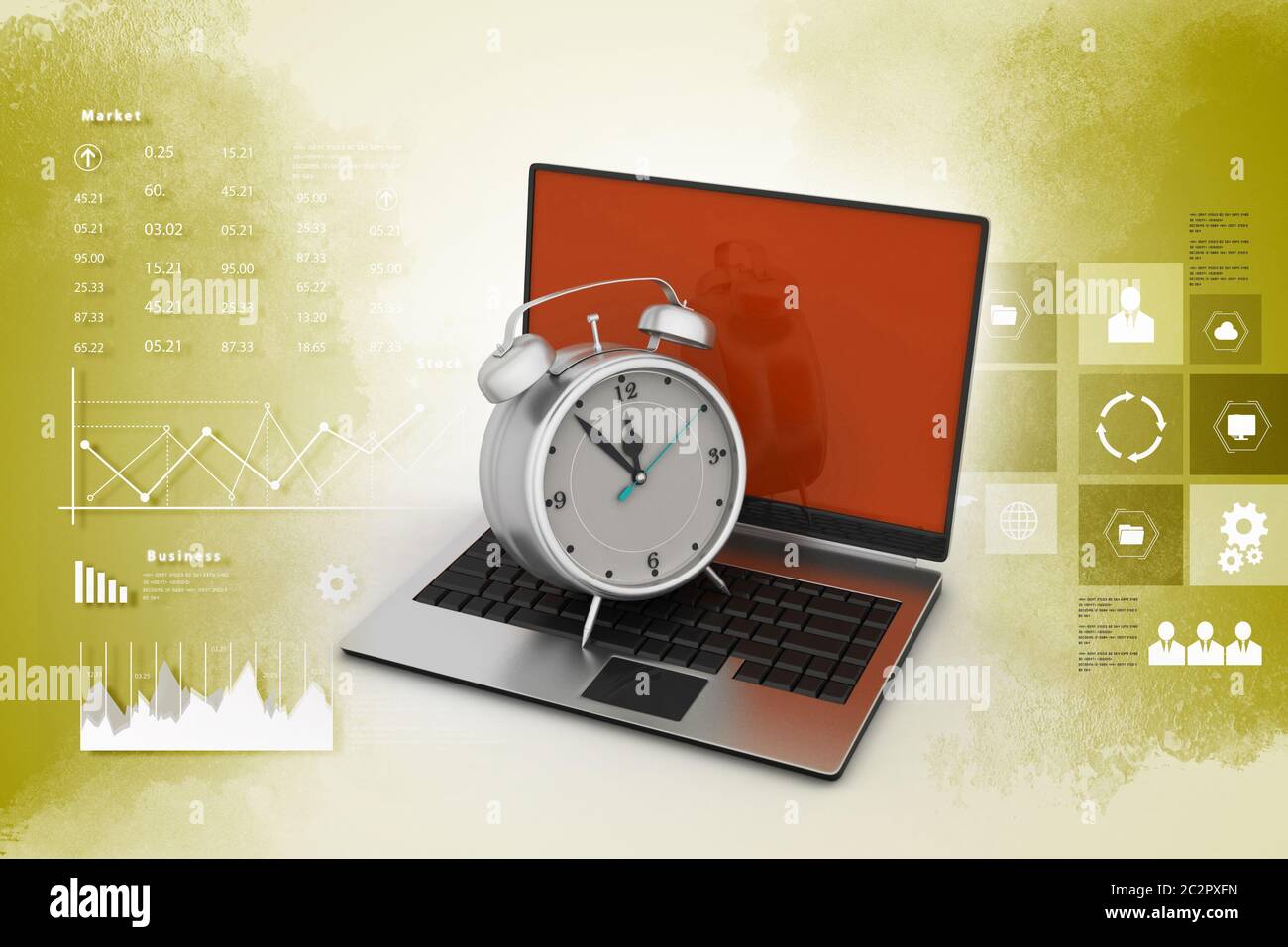 Laptop with alarm clock Stock Photo Alamy