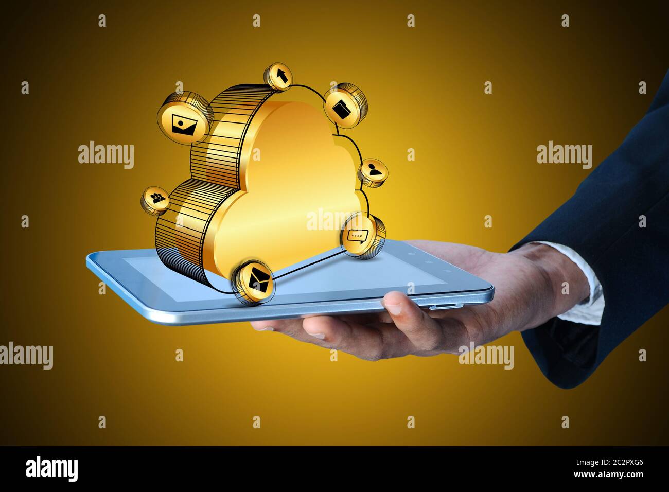 Business man showing concept of cloud computing. Stock Photo