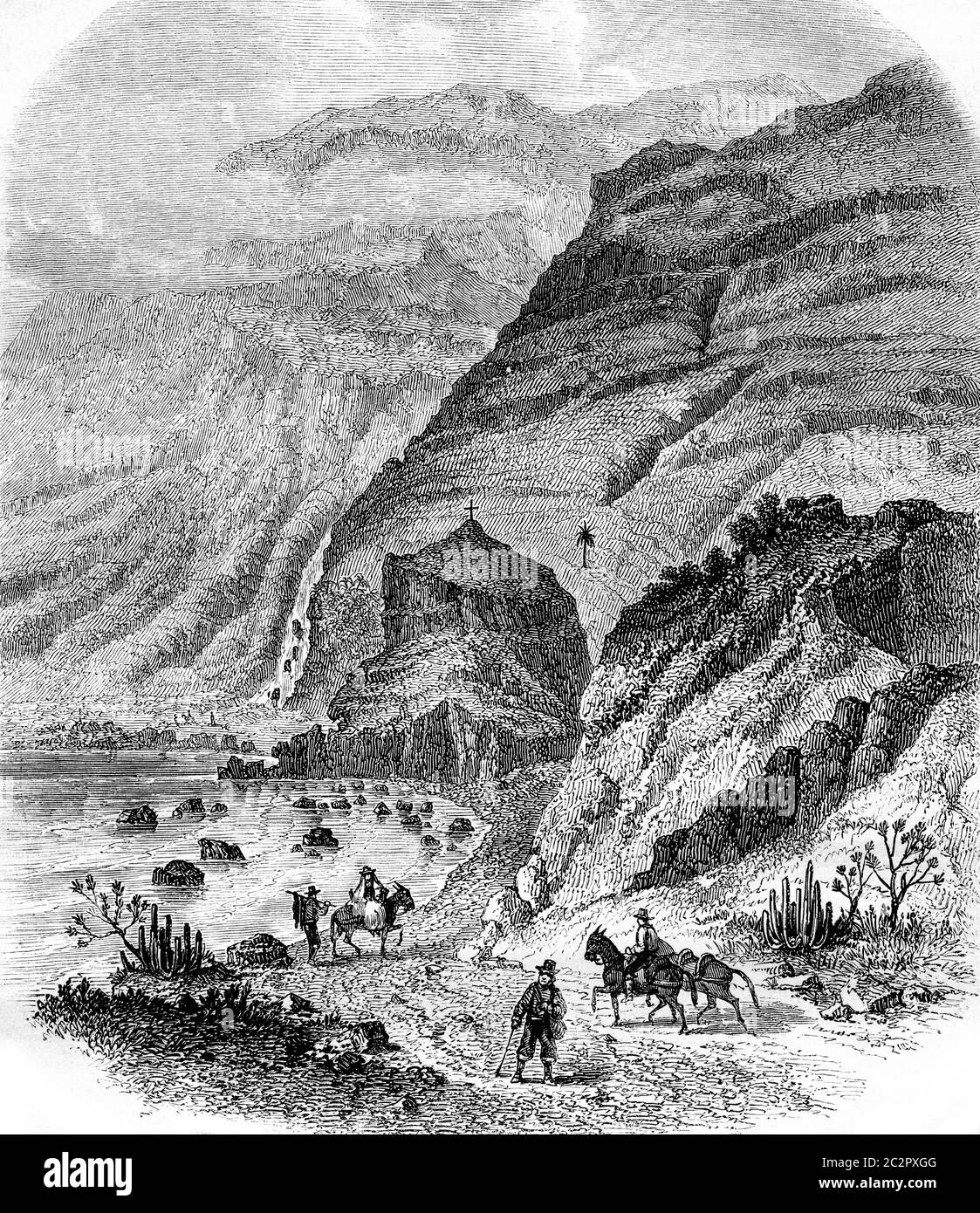 View of the coast of Las Aguas, near Carachico, in the island of Tenerife, vintage engraved illustration. Magasin Pittoresque 1855. Stock Photo