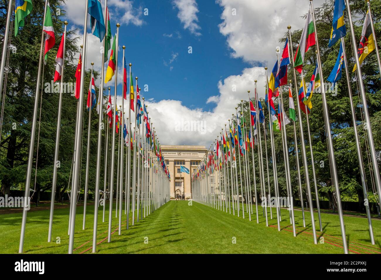 Court of flags at the United Nations Office at Geneva, Switzerland Stock Photo