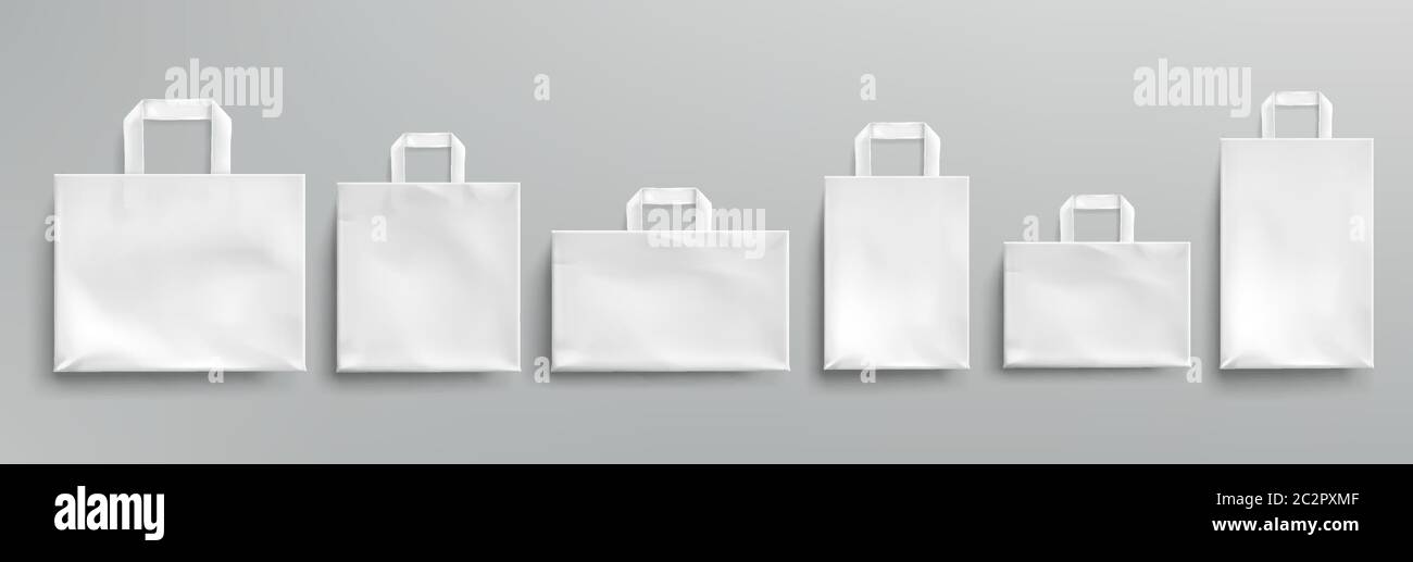 White Paper Eco Bags Different Shapes Vector Realistic Mockup Of Blank Packets With Handles Isolated On Gray Background Template For Corporate Design On Cardboard Bag For Store Or Market Stock Vector Image