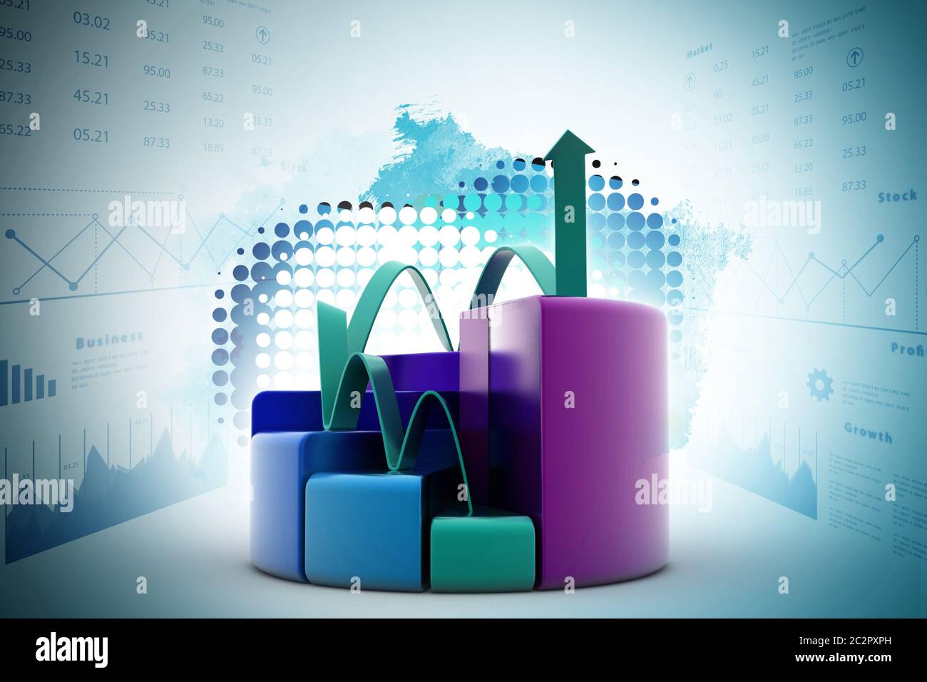 finance pie and bar chart graphs with growing arrow Stock Photo - Alamy