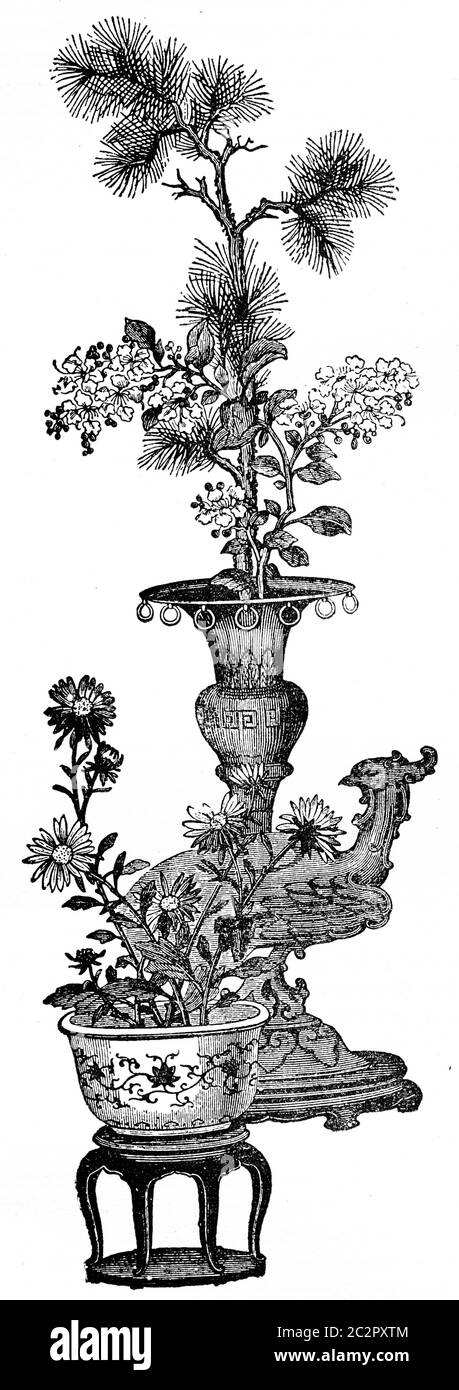 Facsimile of a Chinese decorative painting, vintage engraved illustration. Industrial encyclopedia E.-O. Lami - 1875. Stock Photo
