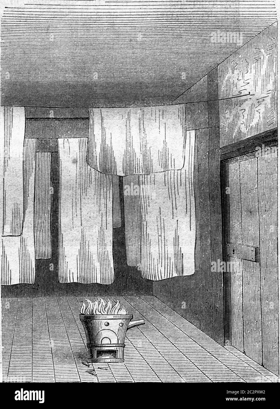 Room for bleaching wool fabrics and silk, vintage engraved illustration. Magasin Pittoresque 1857. Stock Photo