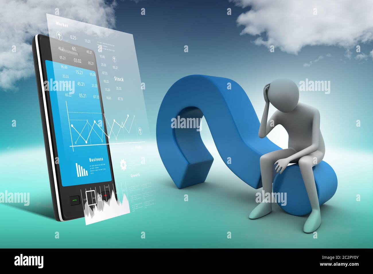 3d man sitting on the question mark Stock Photo - Alamy
