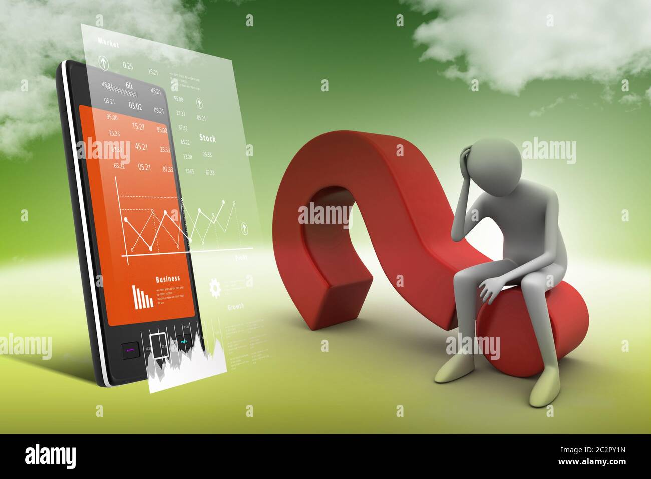 3d man sitting on the question mark Stock Photo - Alamy