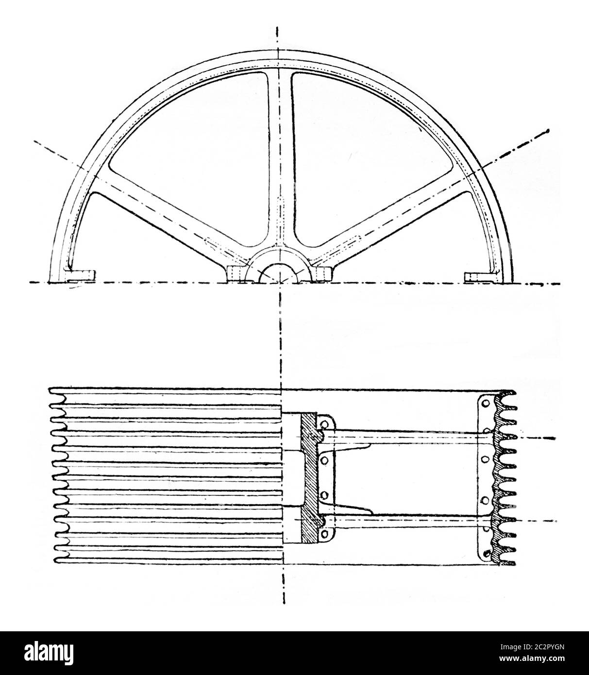 Twelve pulley grooves, vintage engraved illustration. Industrial