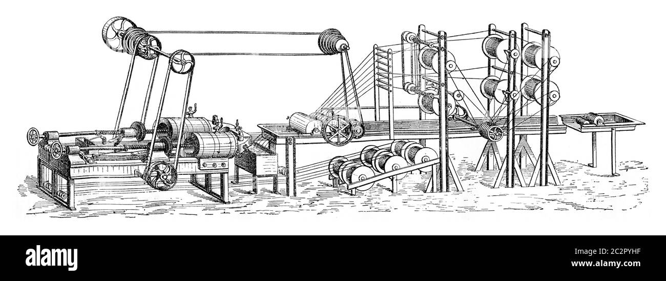 Machine cover of gutta percha, vintage engraved illustration. Industrial encyclopedia E.-O. Lami - 1875. Stock Photo