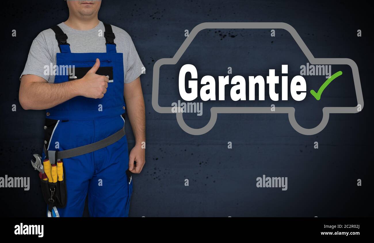 Garantie (in german Guarantee) car and craftsman with thumbs up. Stock Photo