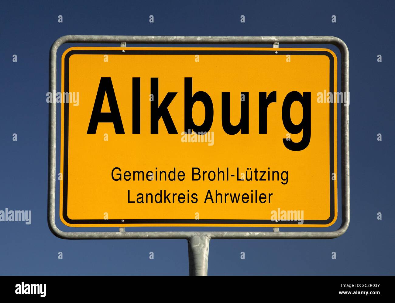 Town sign of Alkburg in the local community Brohl-Luetzing, Rhineland-Palatinate, Germany, Europe Stock Photo