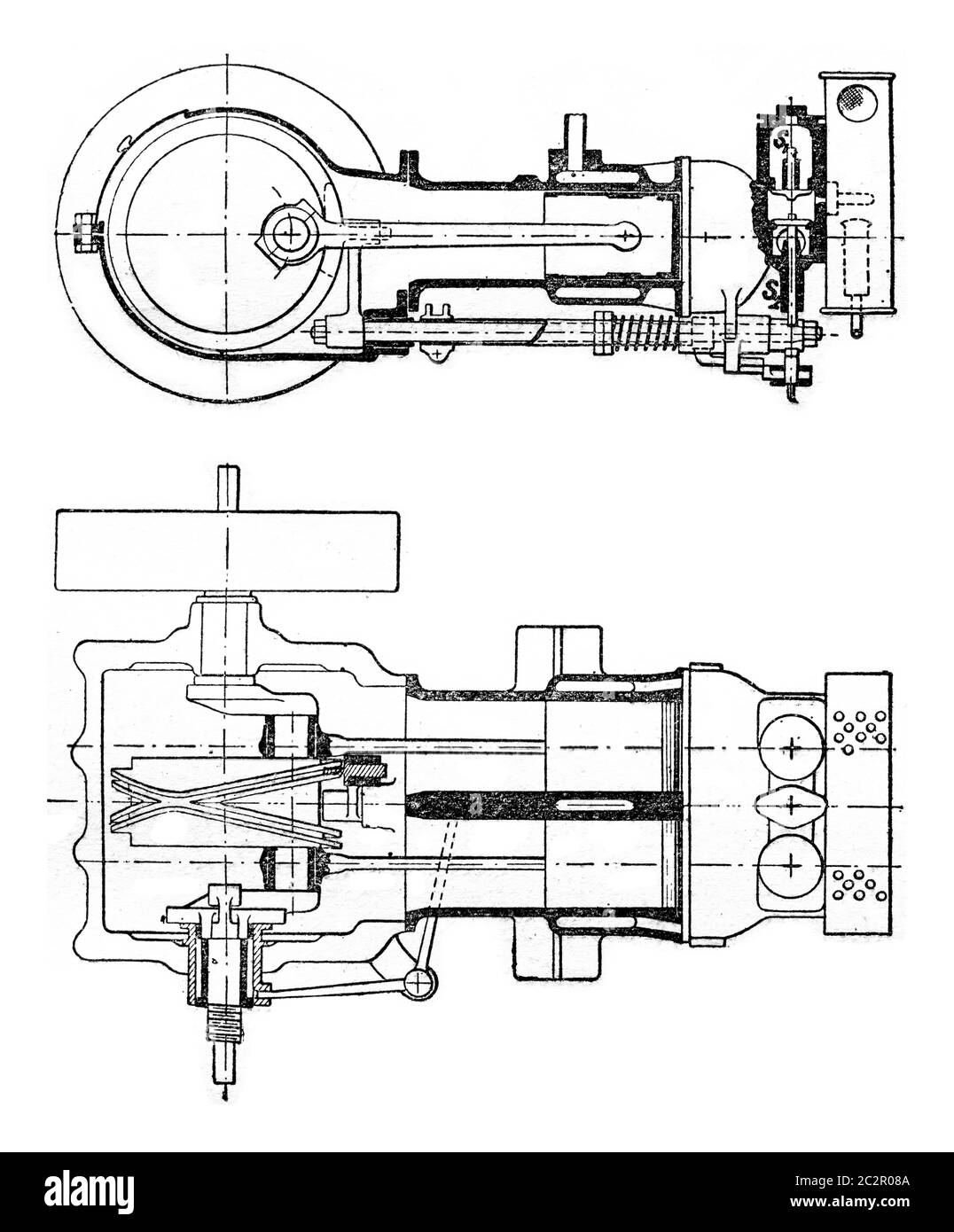 Horizontal engine with two cylinders placed side by side, vintage engraved illustration. Industrial encyclopedia E.-O. Lami - 1875. Stock Photo