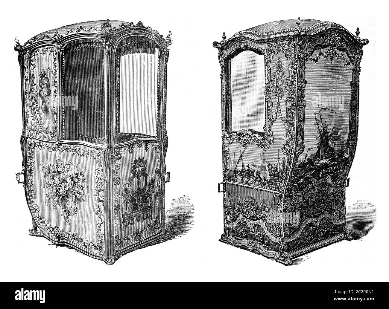 Sedan chair held at the Musee de Versailles, vintage engraved illustration. Industrial encyclopedia E.-O. Lami - 1875. Stock Photo