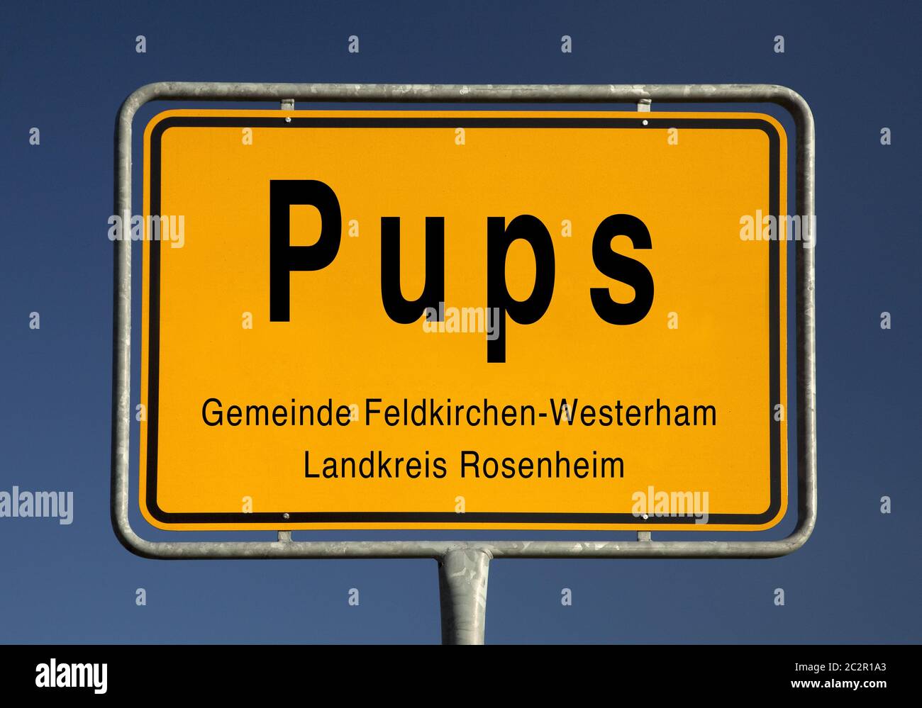 Town entrance sign of Pups, district of the municipality Feldkirchen-Westerham, Germany, Europe Stock Photo