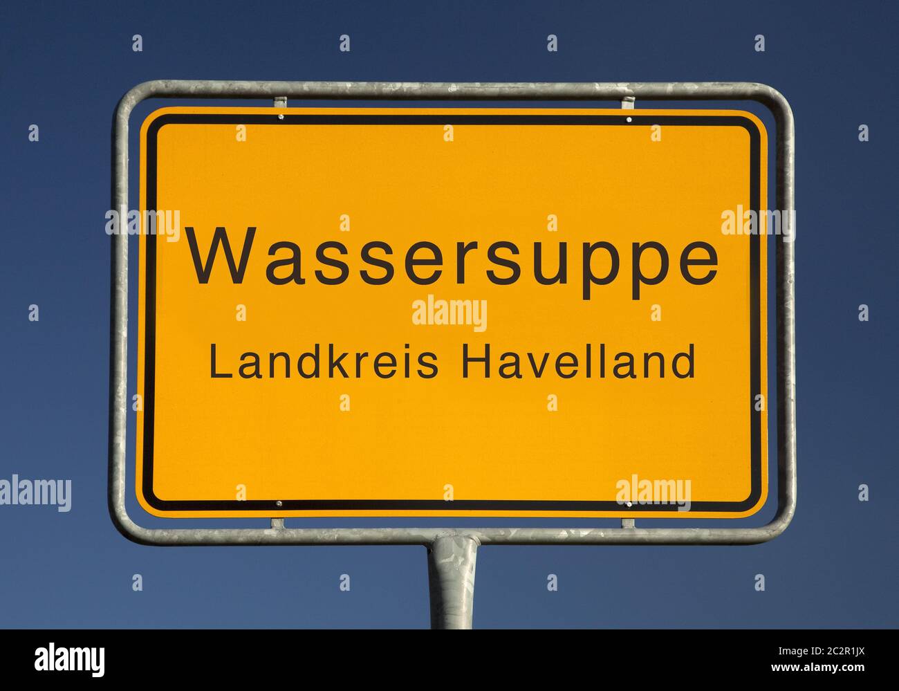 City limits sign, Wassersuppe or watery soup, Havelland district, Brandenburg, Germany, Europe Stock Photo