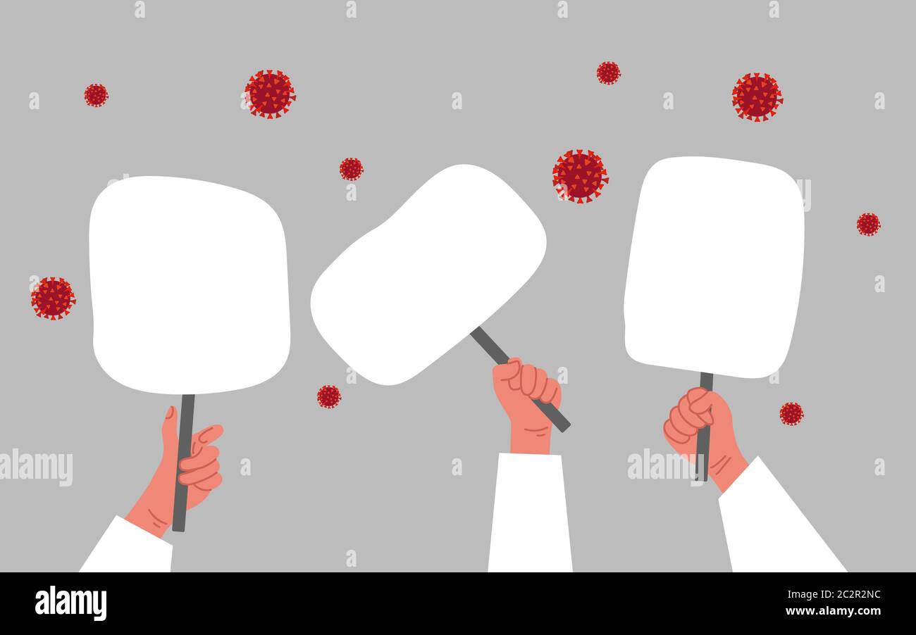 Lets stop coronavirus concept. People hands with tablet banner protest on a gray background. Stock Vector