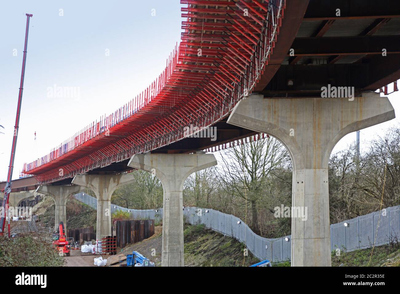Construction of the new DART rail link from Luton Airport Parkway station to the Airport terminals. Shows concrete columns and steel bridge deck. Stock Photo