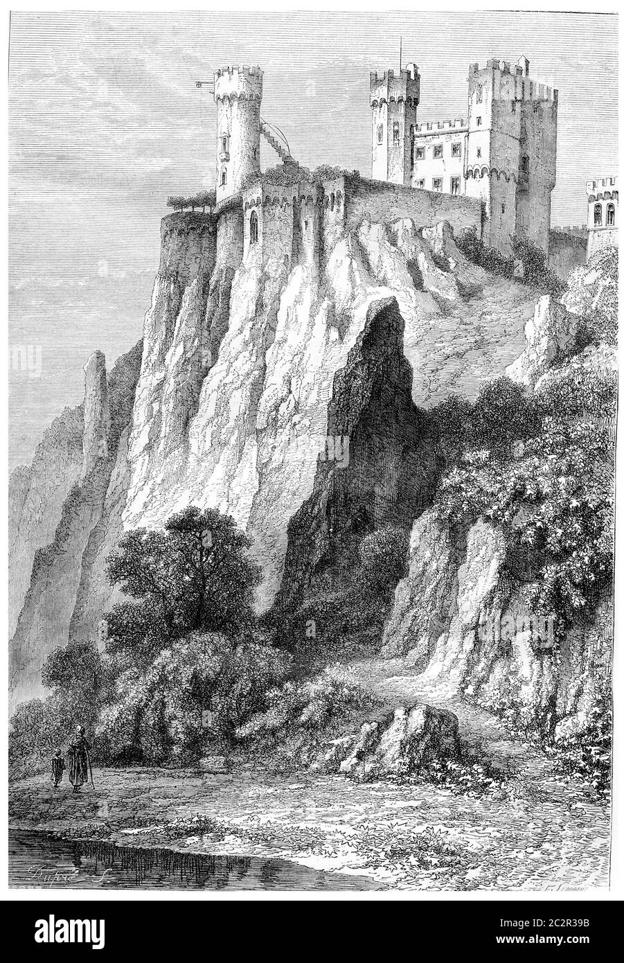 Rheinstein Castle in Rhineland-Palatinate, Germany, shown above the banks of the Rhine River, vintage engraved illustration. Magasin Pittoresque - 186 Stock Photo