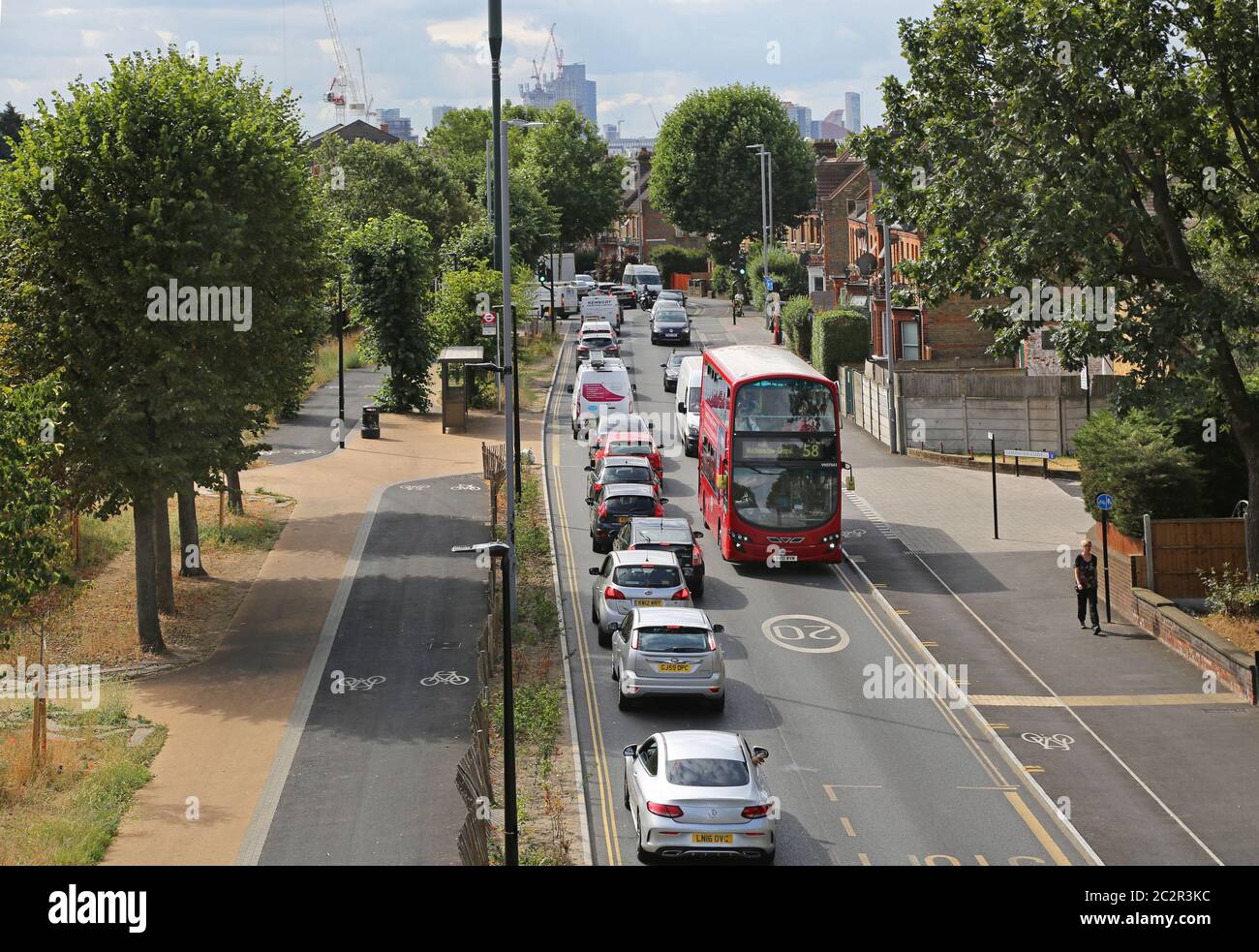 High level view of Markhouse Road, Walthamstow, showing new cycle paths installed as part of Waltham Forest's Mini-Holland programme. Stock Photo