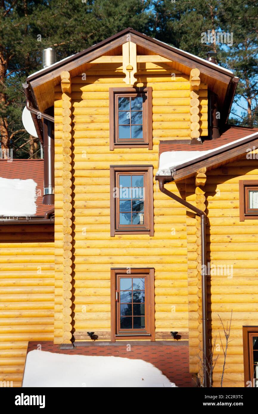 Wooden house at pine forest in the morning Stock Photo - Alamy