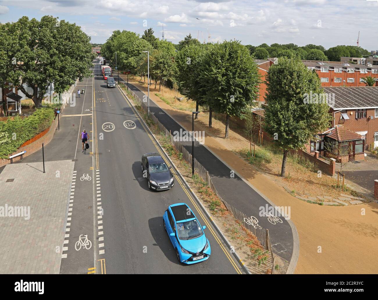 High level view of Markhouse Road, Walthamstow, showing new cycle paths installed as part of Waltham Forest's Mini-Holland programme. Stock Photo