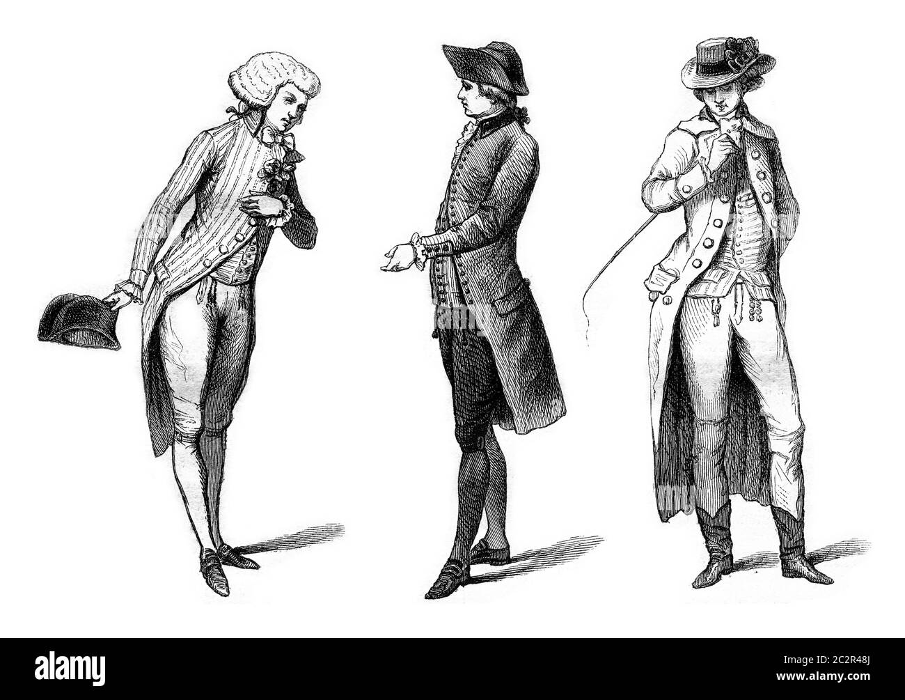 Young elegant in evening dress (1787), Bourgeois in mourning (1786), Horse costume in the English (1786), vintage engraved illustration. Magasin Pitto Stock Photo