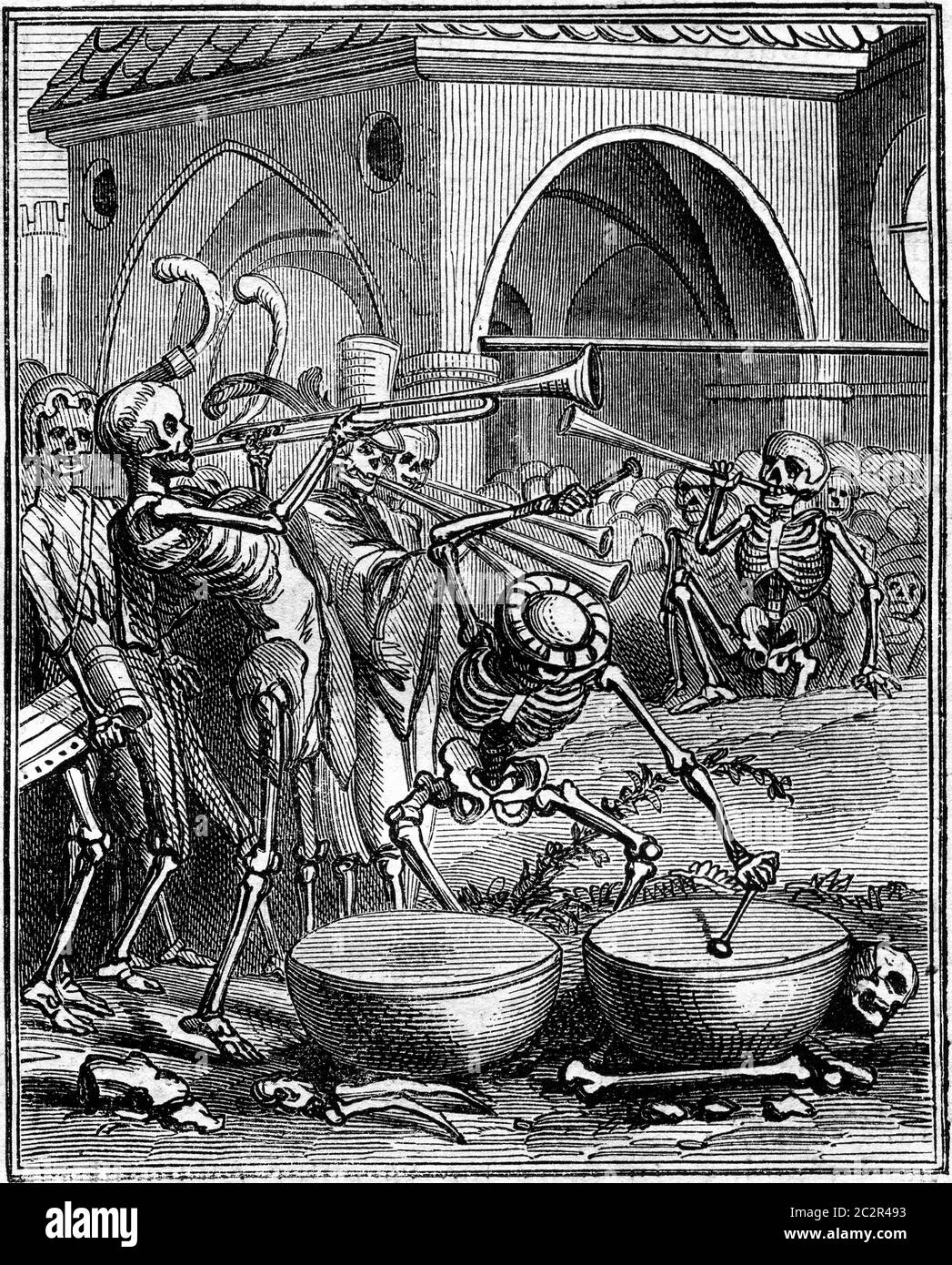 Death playing timpani, vintage engraved illustration. Magasin Pittoresque 1869. Stock Photo