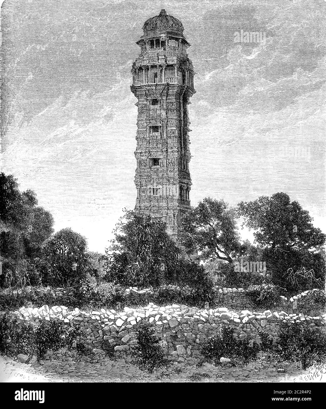 Vijay Stambha. - Tower of Victory in Chittorgarh, vintage engraved illustration. Le Tour du Monde, Travel Journal, (1872). Stock Photo