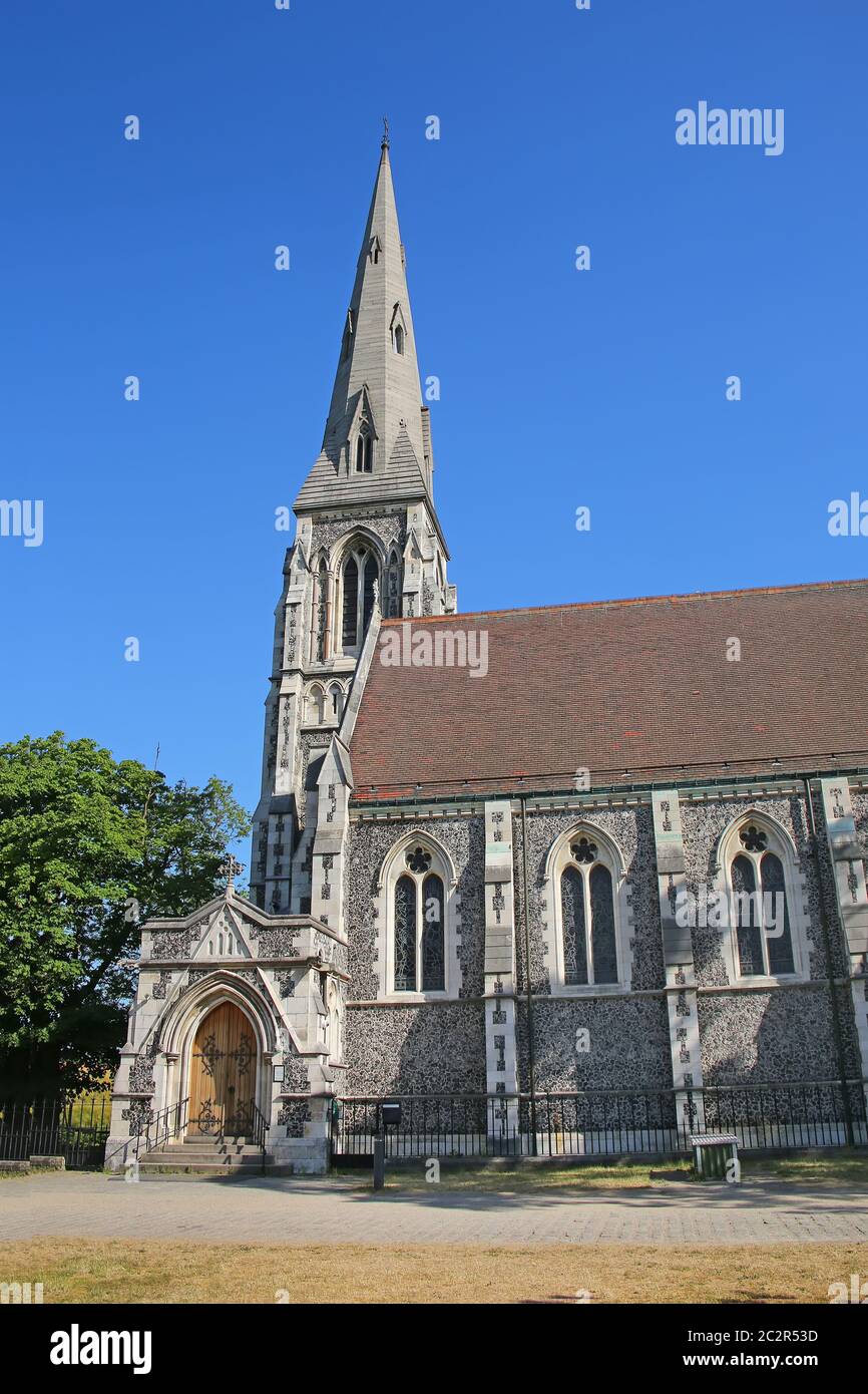 St. Alban's Church, or known as the English Church in beautiful grounds surrounded by trees and a city center landmark. Copenhagen, Denmark. Stock Photo